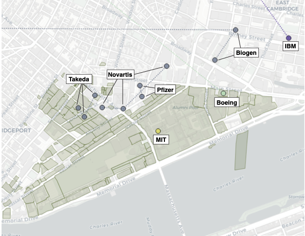 Figure 2: MIT deals land for war and medical apartheid. A
subset of MIT’s real estate relationships and partnerships with
pharma, weapons developers, and computing corporations in Kendall
Square, Cambridge. MIT parcels as of 2021 shown in green (data from
MassGIS).