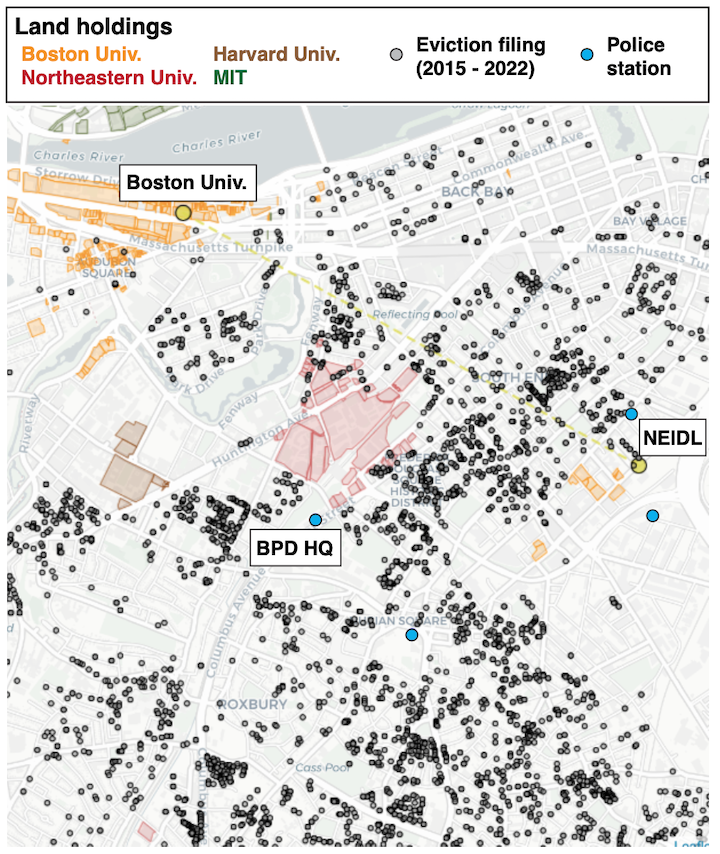 Figure 4: Universities grab land and create private wealth
amidst displacement and ethnic cleansing. Universities’ land
parcels are color-coded (Boston University’s parcels in orange),
black dots indicate eviction filings filed between 2015-2022, and blue
dots indicate police stations (data from MassCourts and MassGIS; note
location of Boston Police Department Headquarters). Eviction filings
are certainly an underestimate of the number of actual evictions,
which often take place informally through intimidation, coercion,
and/or punitive rent hikes, without leaving a legal record.