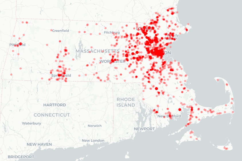 Map of entities funded by US Department of Defense (DoD) and Department of Homeland Security (DHS), with active funding as of 2021, shown in red dots. The larger, darker red dots indicate entities that received very large sums (over $1M and in larger size, over $1B) from DoD and/or DHS.