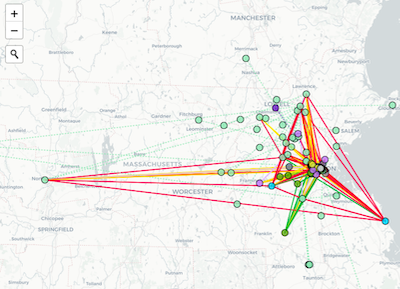 Geographic view of a subset of Harvard University entities.